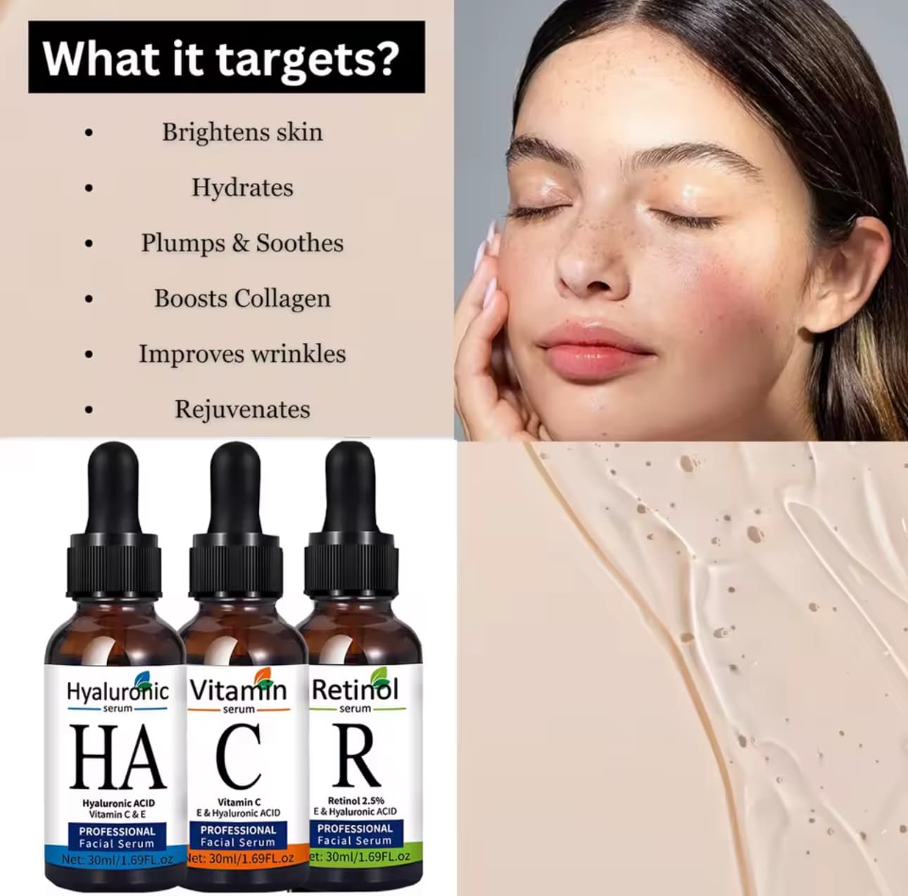 Set Seruri Profesionale pentru Îngrijirea Tenului – Hyaluronic, Vitamina C, Retinol
