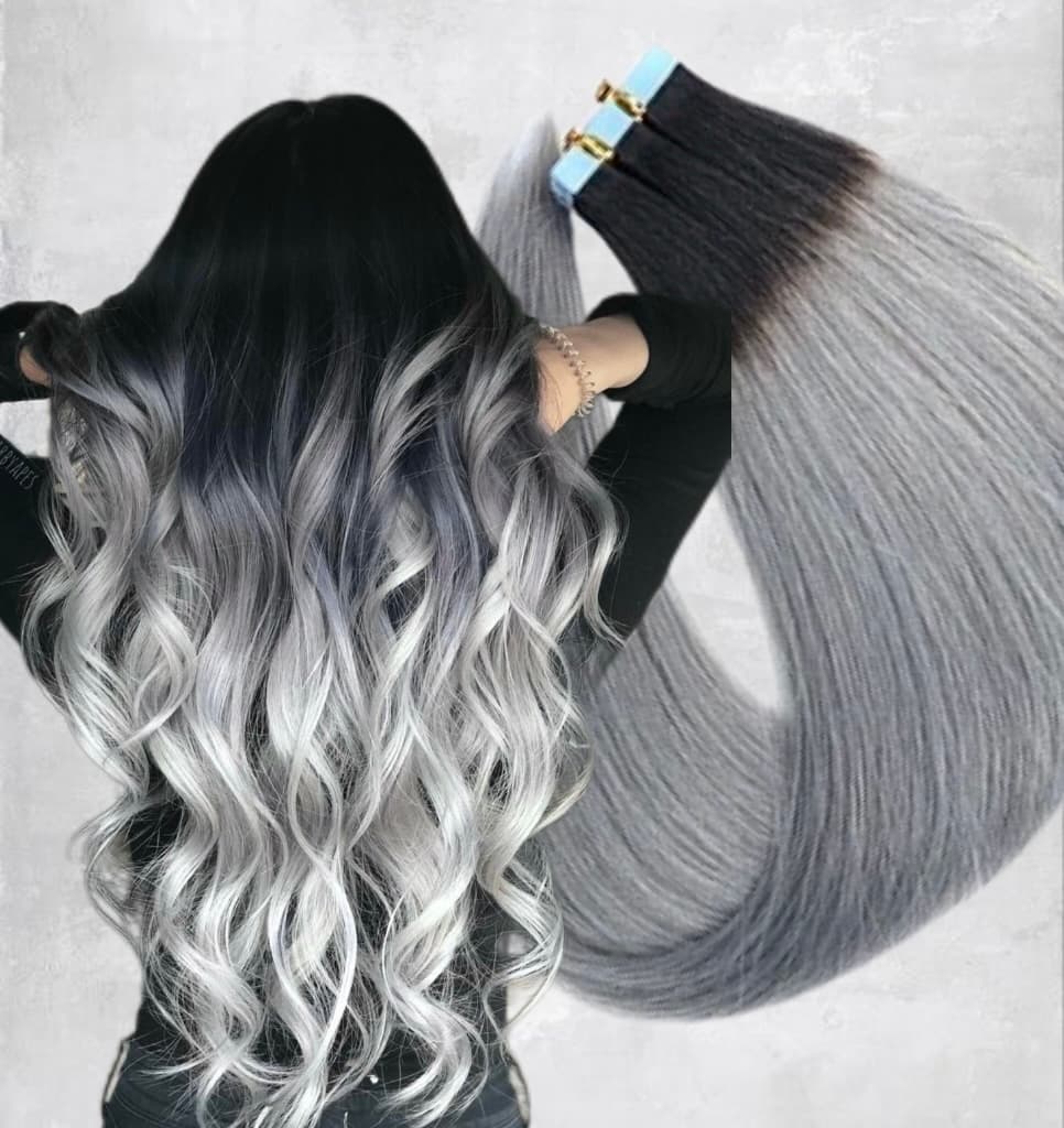 Extensions Tape In White Platinum Ombre 1B Grey