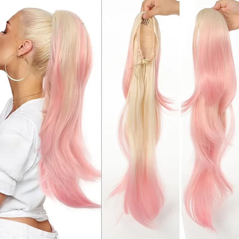 Coada de Par cu snur Ombre Blond Deschis/ Roz. 70 cm