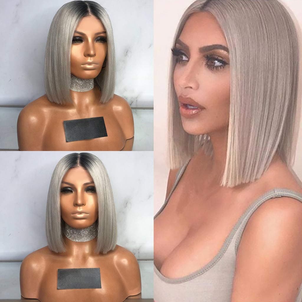 Perücke aus echtem Haar, kurz, Ombre sehr dunkelbraun/blond-grau