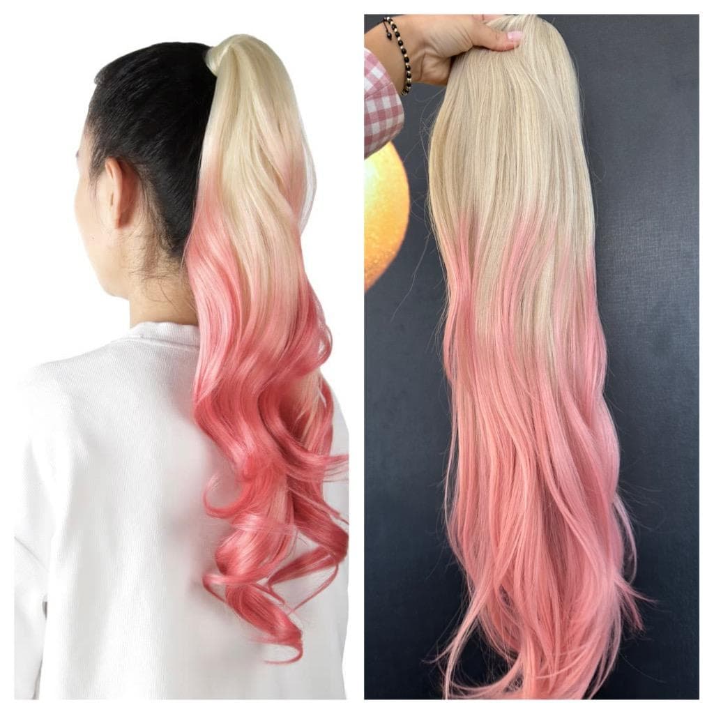 Pferdeschwanz mit Schnur Ombre Hellblond/Rosa, 70 cm Pferdeschwanz mit Schnur Ombre Hellblond/Rosa, 70 cm