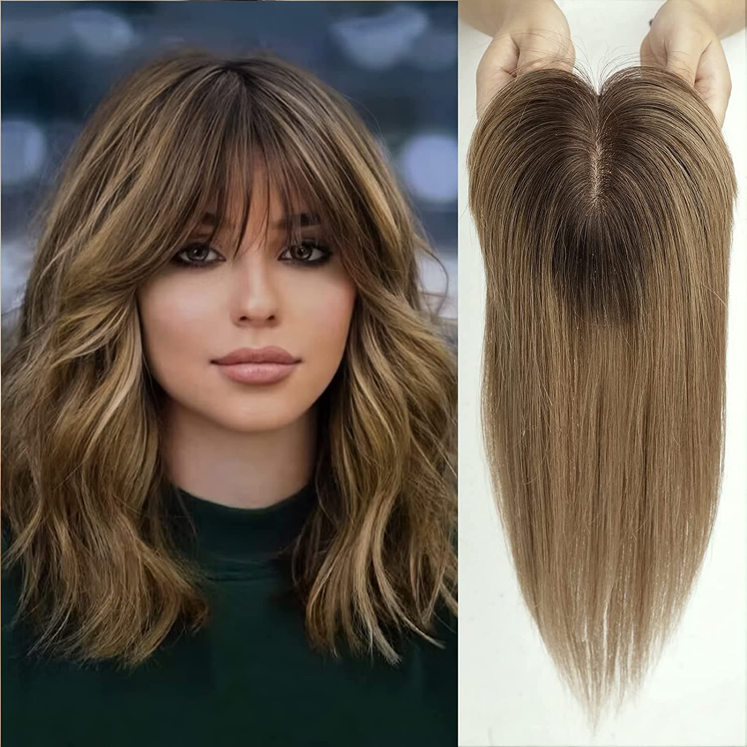 Teilperücke mit Pony Ombre #3/#8 (dunkler Satin/Hellblond mit Haselnuss) Teilperücke mit Pony Ombre #3/#8 (dunkler Satin/Hellblond mit Haselnuss)